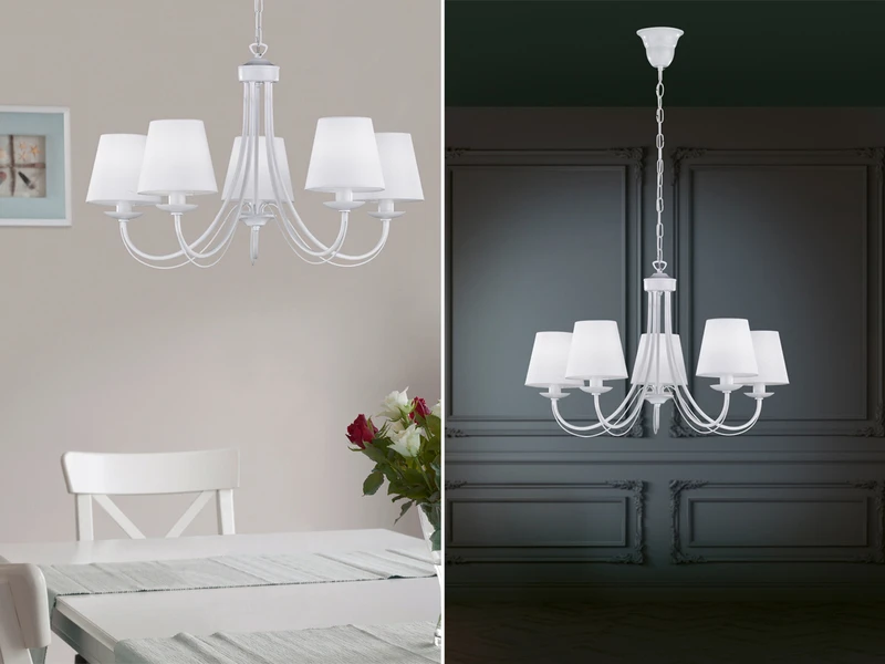 MeineWunschleuchte 5 Flammiger LED Kronleuchter Mit Stoffschirmen In Weiß Matt, Ø 70cm 1 MeineWunschleuchte 5 Flammiger LED Kronleuchter Mit Stoffschirmen In Weiß Matt, Ø 70cm