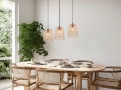 Reality Leuchten Balken Pendelleuchte LOVIS Rattan Geflecht Natur Breite 76cm