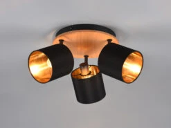 Reality Leuchten Deckenstrahler Rund TOMMY 3 Flammig Holz & Stoffschirme In Schwarz Gold