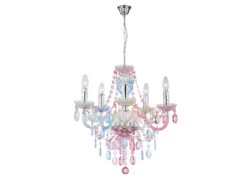 Globo Deko LED Kronleuchter Mit Fünf E14 Kerzenhülsen Und Bunten Acrylkristallen