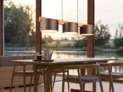 Heimbeleuchtung Angebote 51 MeineWunschleuchte Holzbalken Pendelleuchte LANAT 3-flammig Mit Samtschirm Braun, Breite 100cm