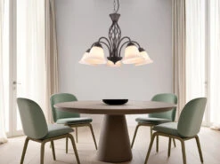 MeineWunschleuchte Kronleuchter Landhaus 5-flammig Mit LED Dimmbar, Rostoptik & Lampenschirme Glas