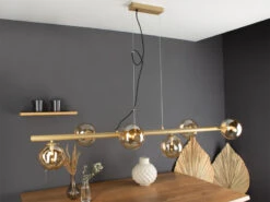 Heimbeleuchtung Angebote 55 MeineWunschleuchte LED Balken Pendelleuchte 6 Flammig Messing & Amberglas, Bis 200cm Lang