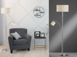 MeineWunschleuchte LED Stehlampe Rund Mit Leselampe & Stoff Lampenschirme Beige - Höhe 175cm