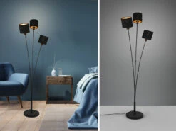 MeineWunschleuchte LED Stehleuchte 3 Flammig Metall, Stoffschirm Schwarz Gold, Höhe 150cm
