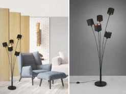 MeineWunschleuchte LED Stehleuchte 5 Flammig Metall, Stoffschirm Schwarz Gold, Höhe 163cm