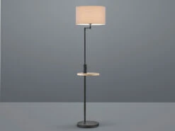 MeineWunschleuchte LED Stehleuchte In Schwarz Matt Mit Stoffschirm, Ablagetisch & USB Anschluss