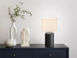 MeineWunschleuchte LED Tischlampe Mit Keramikfuß Schwarz & Stoffschirm Leinen, 43cm Groß