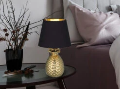 MeineWunschleuchte LED Tischleuchte Keramik Ananas Gold Mit Stoffschirm Schwarz Gold, Höhe 43cm