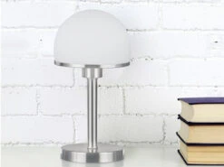 MeineWunschleuchte LED Tischleuchte Silber Glasschirm Weiß - Touch Dimmbar, Höhe 39cm