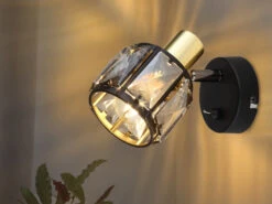 MeineWunschleuchte LED Wandstrahler Mit Schalter Und Glaskristallen Schwarz Gold, Höhe 12,5cm