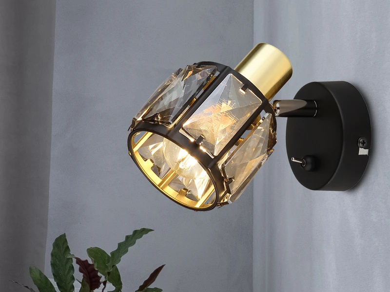 MeineWunschleuchte LED Wandstrahler Mit Schalter Und Glaskristallen Schwarz Gold, Höhe 12,5cm 5 MeineWunschleuchte LED Wandstrahler Mit Schalter Und Glaskristallen Schwarz Gold, Höhe 12,5cm – Bild 5