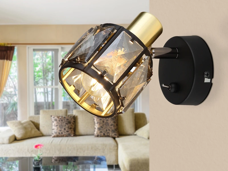 MeineWunschleuchte LED Wandstrahler Mit Schalter Und Glaskristallen Schwarz Gold, Höhe 12,5cm 6 MeineWunschleuchte LED Wandstrahler Mit Schalter Und Glaskristallen Schwarz Gold, Höhe 12,5cm – Bild 6