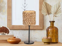 Fischer & Honsel Tischlampe HYAZINTHE Höhe 33cm Metallfuß Schwarz Mit Lampenschirm Aus Seegras