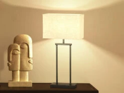 Fischer & Honsel Tischleuchte ANN Schwarz Mit Lampenschirm Leinen Beige Eckig - 52cm Groß