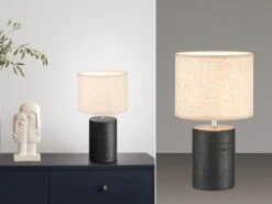 Fischer & Honsel Tischleuchte BOIS Mit Keramikfuß Schwarz & Stoffschirm Leinen, Höhe 35cm