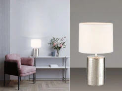 Fischer & Honsel Tischleuchte PRATA Keramikfuß Silber Antik & Stoffschirm Leinen Weiß, Höhe 35cm