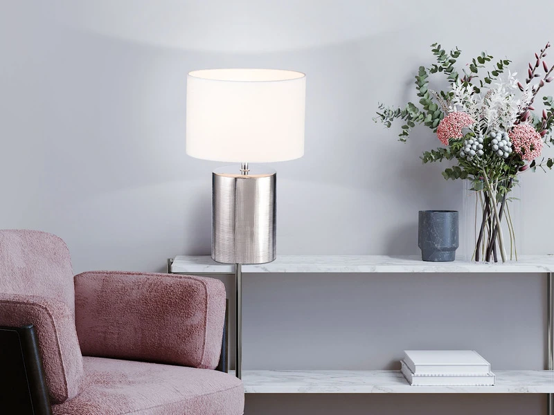 Fischer & Honsel Tischleuchte PRATA Keramikfuß Silber Antik & Stoffschirm Leinen Weiß, 43cm Groß 1 Fischer & Honsel Tischleuchte PRATA Keramikfuß Silber Antik & Stoffschirm Leinen Weiß, 43cm Groß