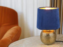 Reality Leuchten Tischleuchte SOPHIA Mit Keramikfuß & Samtschirm Blau - Gold, Höhe 26cm
