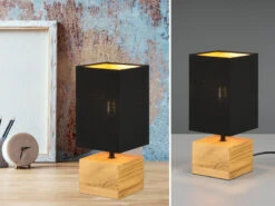 Reality Leuchten Tischleuchte WOODY Mit Holzfuß Stoffschirm Schwarz / Gold, Höhe 30cm