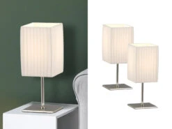 Globo Tischleuchten Silber Chrom Mit Plissee Stoffschirm Weiß - 2er Set, Höhe 26cm