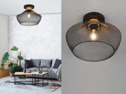 Reality Leuchten Vintage Deckenleuchte VALERIA Drahtgeflecht Schwarz Mit Holz Ø 35cm