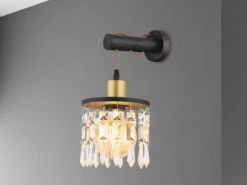 Globo Wandleuchte COMMA Mit Holz & Glaskristallen Schwarz Gold, Höhe 37cm -Heimbeleuchtung Angebote wandleuchte comma mit holz glaskristallen schwarz 1 2