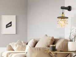 Globo Wandleuchte COMMA Mit Holz & Glaskristallen Schwarz Gold, Höhe 37cm -Heimbeleuchtung Angebote wandleuchte comma mit holz glaskristallen schwarz 1 4