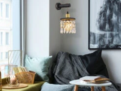 Globo Wandleuchte COMMA Mit Holz & Glaskristallen Schwarz Gold, Höhe 37cm -Heimbeleuchtung Angebote wandleuchte comma mit holz glaskristallen schwarz 1 5