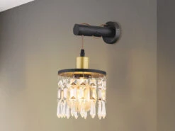 Globo Wandleuchte COMMA Mit Holz & Glaskristallen Schwarz Gold, Höhe 37cm -Heimbeleuchtung Angebote wandleuchte comma mit holz glaskristallen schwarz 1 7