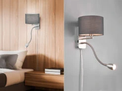 Trio Leuchten Wandleuchte HOTEL Mit LED Leselampe & Stecker, Stoffschirm Grau Ø20cm